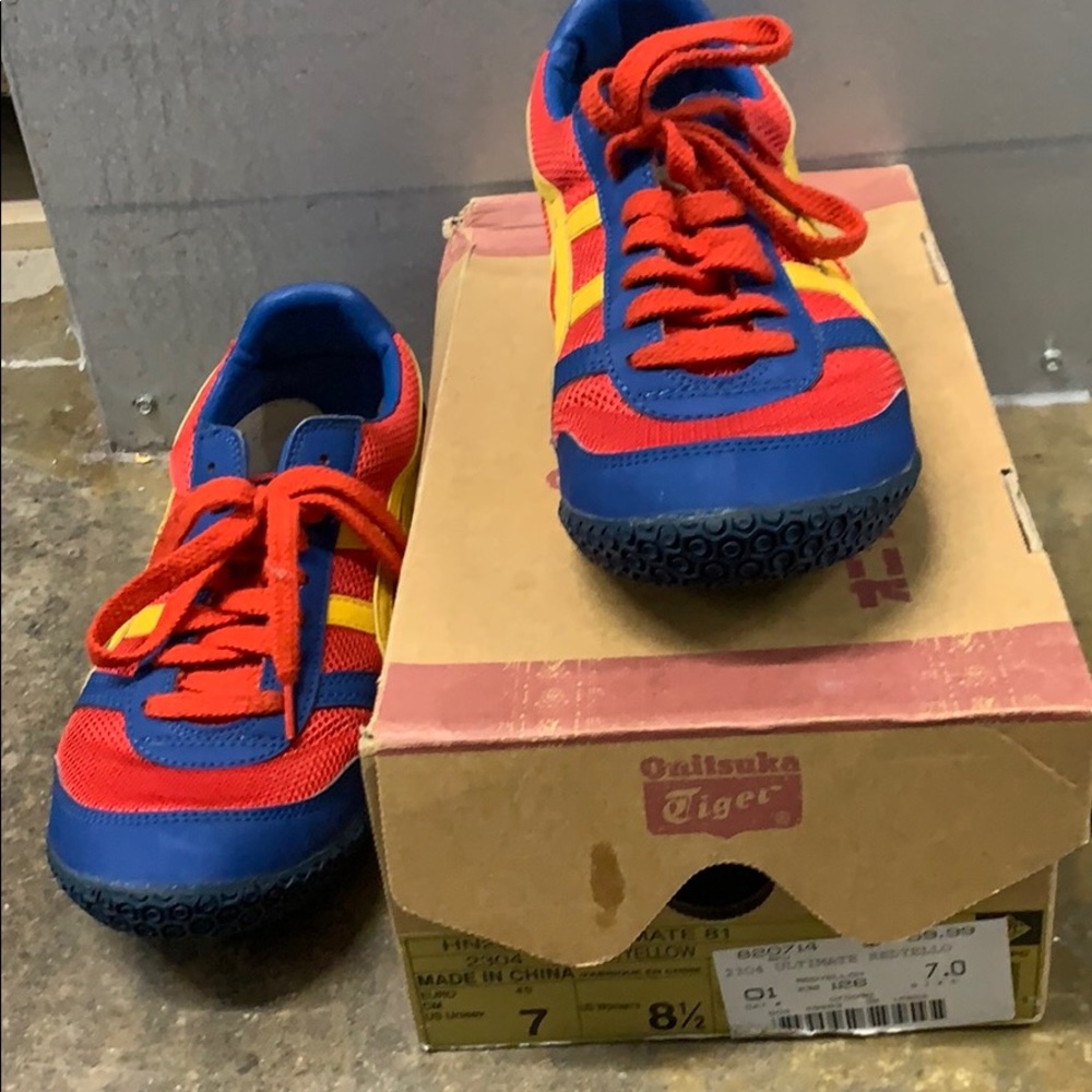 Red, blue and yellow ASICS